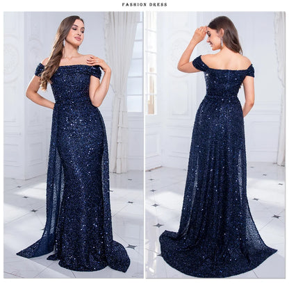Navy Blue Slash Neck Off Shoulder Prom Gown Sequin Detachable Train Mermaid Evening Party Dresses Cocktail Dress 2025