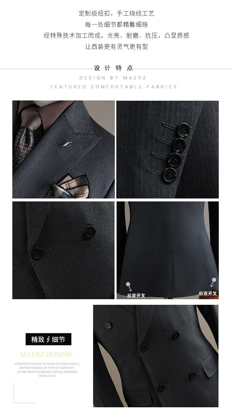 Terno Masculino de Alta Qualidade Formal Social Slim Fit Abotoamento Duplo Listrado Conjunto de Terno Noivo Casamento Roupa de Festa Smoking Roupa Masculina