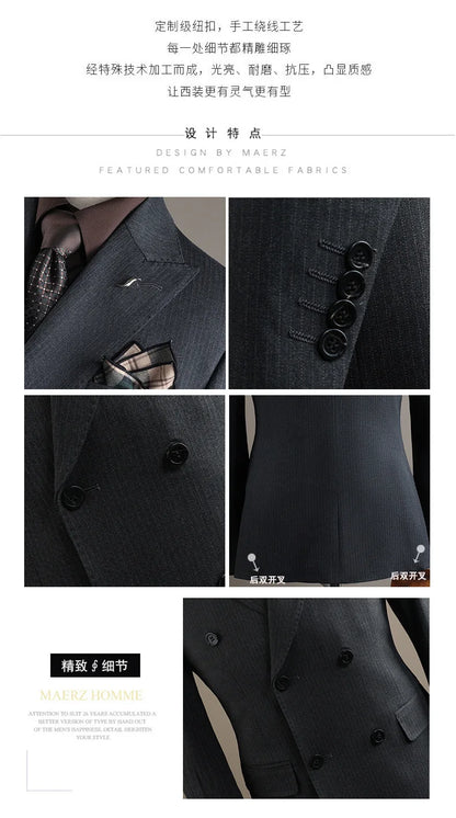 Terno Masculino de Alta Qualidade Formal Social Slim Fit Abotoamento Duplo Listrado Conjunto de Terno Noivo Casamento Roupa de Festa Smoking Roupa Masculina