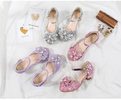 Children's Sandals for Party Wedding Elegant Bowknot Kids Girls Versatile Sequins High-heels Fashion Pearl Princess Single Shoes
