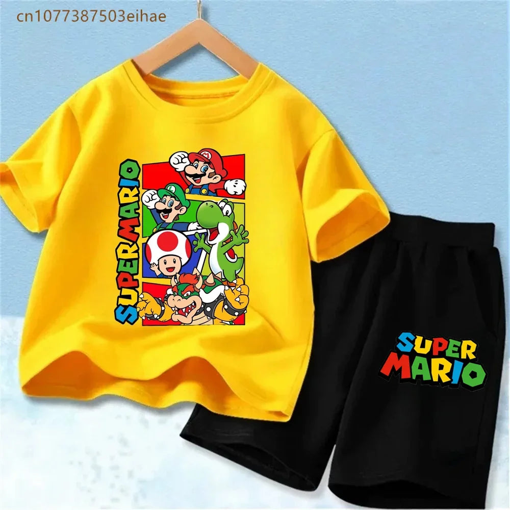 Lovely Mario Pattern Boys Girls Clothing Sets Soft Cotton Short Sleeve T Shirt + Casual Shorts 2PCS Summer Daily Wear Outfits