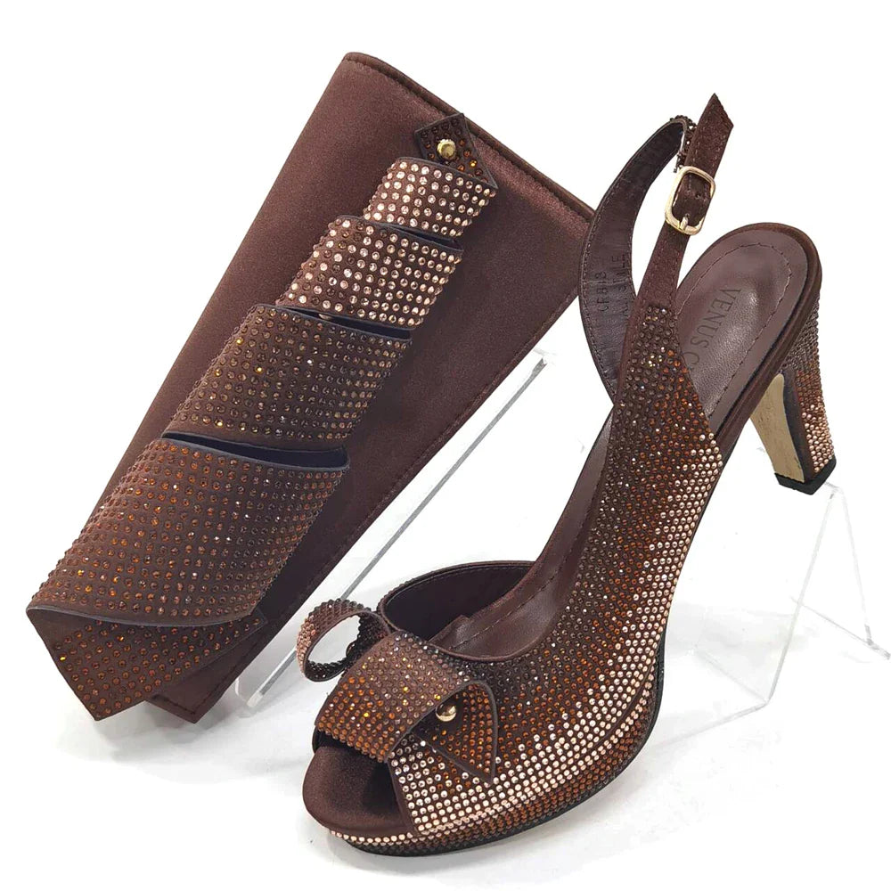 Newest INS Style Peach Color Rhinestone Elegant High Heels Nigeria Popular Design African Ladies Shoes And Bag Set