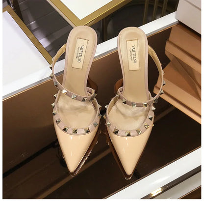 2025 New Genuine Leather Gladiator Pumps Sandals Luxury Metal Rivets Summer Women Outdoor Slippers Black Fashion High Heels 41
