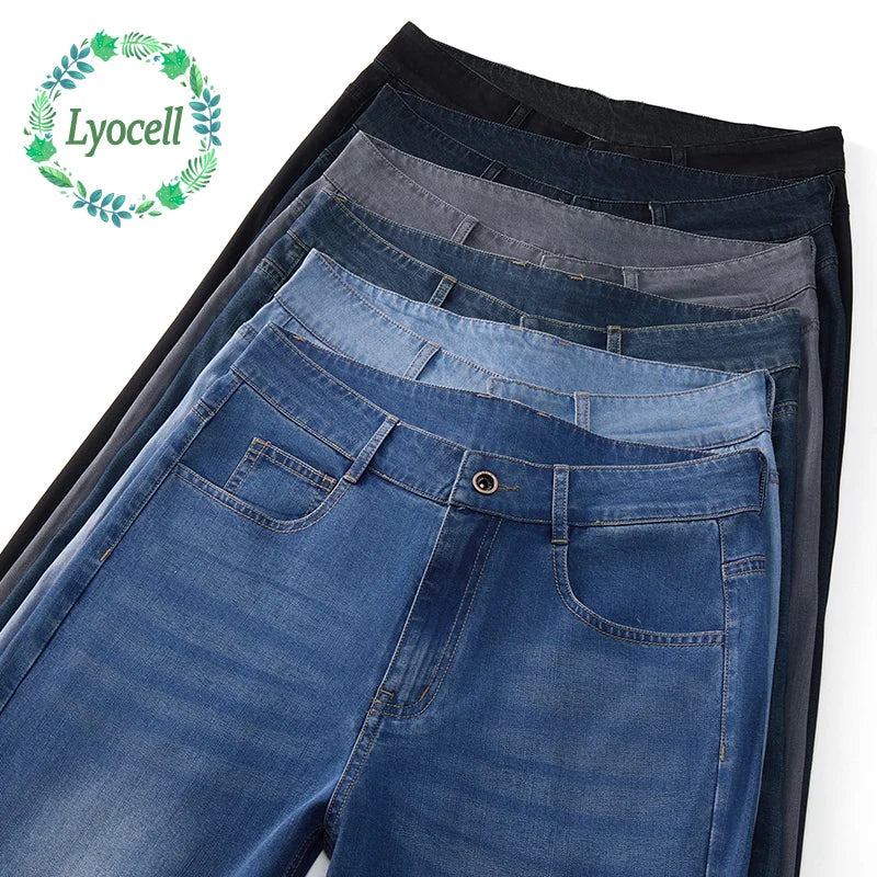 Calça Jeans Masculina Lyocell Primavera Verão de Alta Qualidade Calças Jeans Retas Negócios Clássicos Calças de Trabalho Masculinas Tamanho Grande 29-40