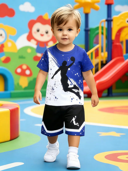 Boys Blue White Color Block Basketball Print Short Sleeve Side Stripe Shorts Set Sport Casual