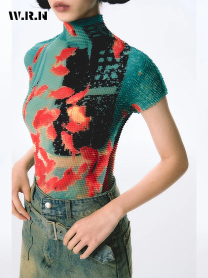 Women Bodycon T-Shirts Short Sleeve Tie Dye Tees Stretch Crop Tops Goblin Core 2000s Coquette Gyaru Aesthetic Kpop Kawaii Summe
