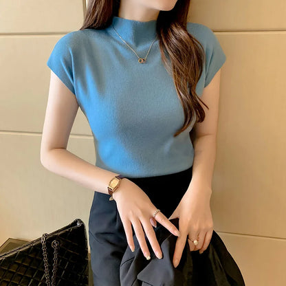 New Women Summer Knitted Turtleneck Sleeveless T-Shirts Tops Solid Slim Fit Pullovers Causal Tees Female Streetwear Basics Tees