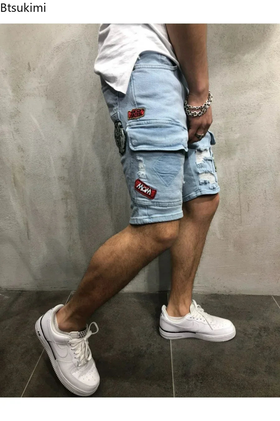 2026 Men's Summer Short Jeans High Stretch Fashion Casual Denim Shorts Male Slim Fit Elastic Badge Pockets Hole Shorts for Men