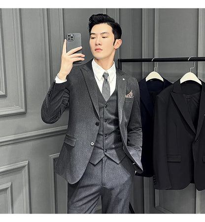 Slim Fit Men's Three Piece Suit Thin Single Button Notch Lapel Casual Fashion Cotton Blend Spring Autumn Wear for Youth