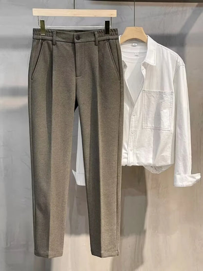 Men's Woolen Straight Leg Casual Pants Autumn Winter Thickened Fashionable Nine Point Pants mid Waist Pure Color Anti-Wrinkle