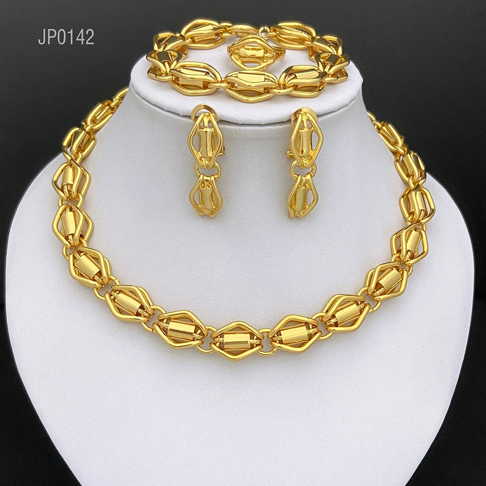 Dubai Nigeria Jewelry Set For Women Classic Design Beads Necklace Earrings Ring Bracelet 18K Gold Plated 4Pcs Set Jewelry