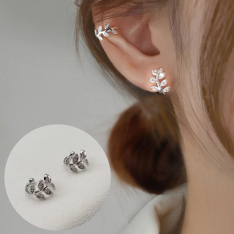 Fashion Exquisite Crystal Zerconia Ear Cuff Earrings for Woman Non Piercing Leaf Clip Earrings Christmas Jewelry Gift
