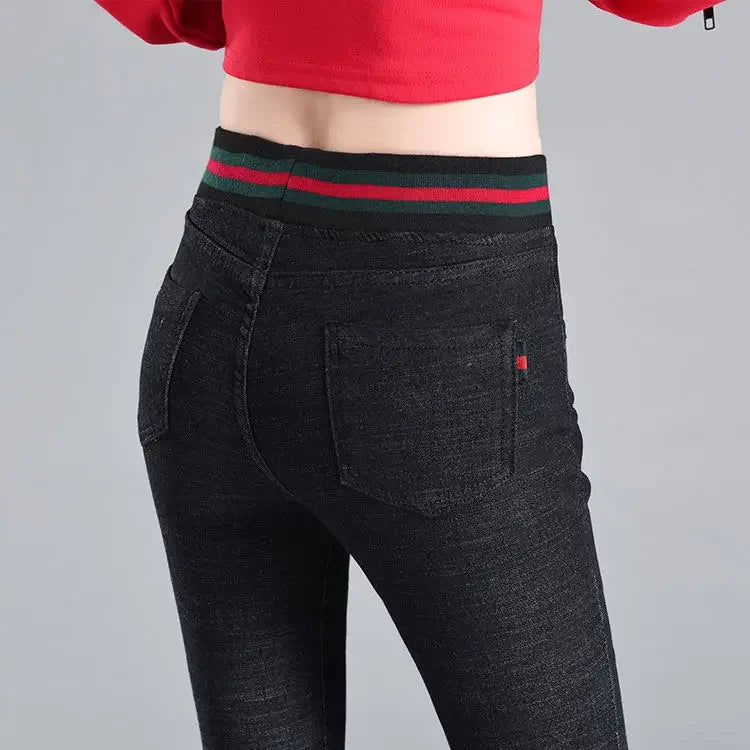 Woman Jeans Pants Elastic Waist High Waist Winter Stretch Feet Pants