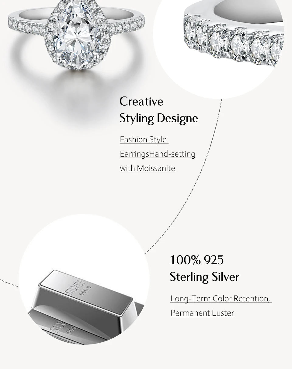 Pear Cut 2.0CT D Color VVS1 Luxury Moissanite Ring Real 925 Sterling Silver for Women Engagement Wedding Jewelry Gift