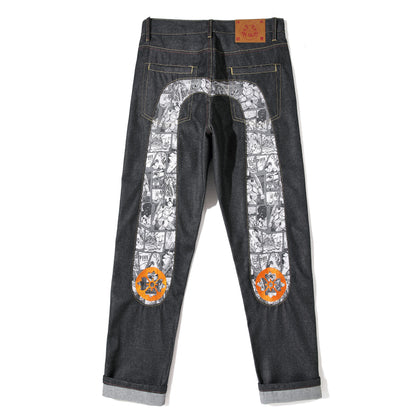 Men's Japanese Handmade Embroidered Cotton Jeans Straight Tube Slim Fit Hip-Hop Trousers Red Ear Detail Devil Big M Golden Text