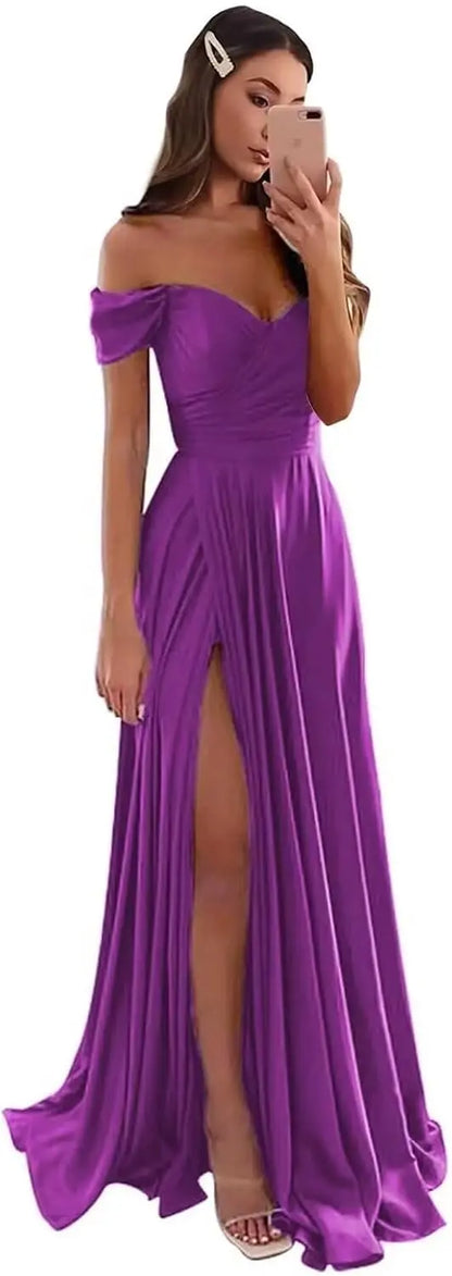 Women's Satin Prom Dresses Long Slit Formal Dresses Off Shoulder Evening Wedding Party Gowns Ruched Sweetheart Lace up Back