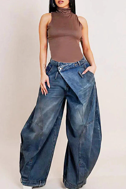 Y2K Women Loose Denim Jeans Asymmetric Button Pocket Washed Jean Casual Harajuku High Street Grunge Denim Trouders Pants