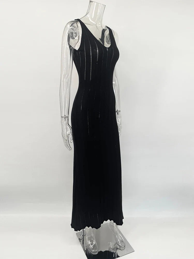 Backless Dress For Women V Neck Slim Sleeveless Suspender Maxi Dress Vacation Sexy Beach Knitted Elegant Long Dress