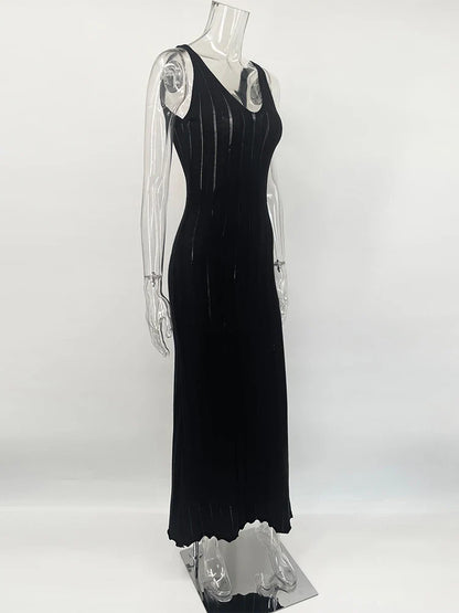 Backless Dress For Women V Neck Slim Sleeveless Suspender Maxi Dress Vacation Sexy Beach Knitted Elegant Long Dress