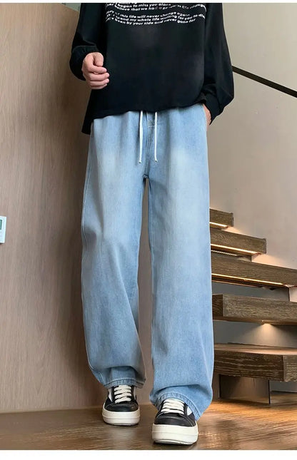 Calças masculinas casuais, calças retas soltas, primavera verão, nova moda, jeans masculinos de cintura alta com pernas largas