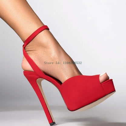 Red Patent Leather Platform High Heels  Stiletto Ankle Buckle Strap Solid New Arrivals Fashion Slingback Buckle Strap Shoes