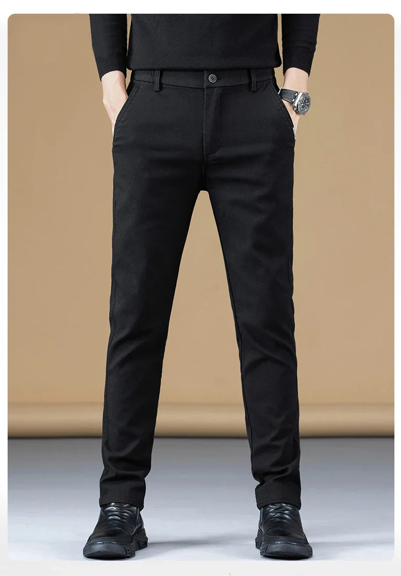 2024 Spring New Business Casual Pants Men Thick Slim Elastic Waist Trousers Classic Brown Black Grey High Quality Male Clothes