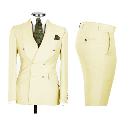 2 PCS Men's Smart Casual Solid Formal Tuxedo Suits with Shawl Lapel Double Breasted Jacket And Pants for Business And Wedding