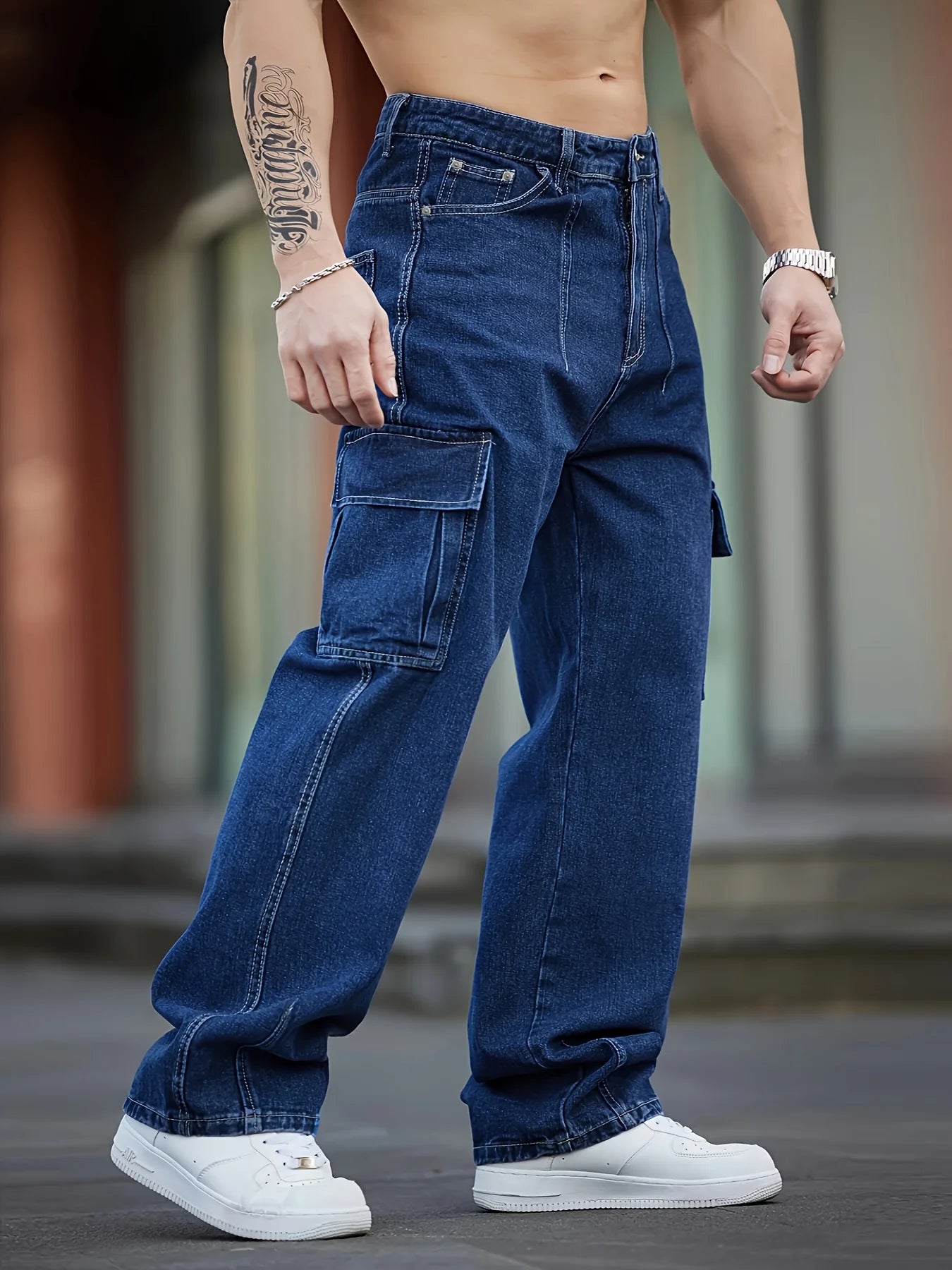 Men's Deep Blue Washed Denim Workwear Jeans Casual Multiple Pockets Design Loose Wide Leg Trousers Y2K Style Cargo Pants