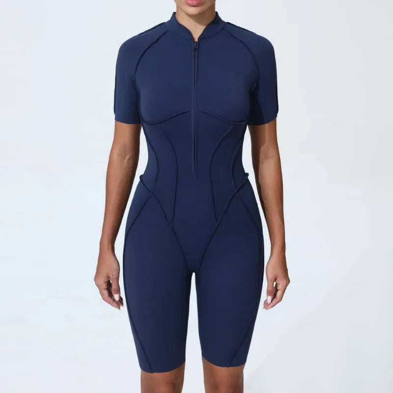 Zipper Short-sleeved Yoga Sports Fitness Jumpsuits Sets Without Chest Pad Tight Bodysuits Shorts Gym Workout Clothes for Women