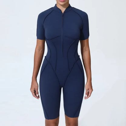 Zipper Short-sleeved Yoga Sports Fitness Jumpsuits Sets Without Chest Pad Tight Bodysuits Shorts Gym Workout Clothes for Women