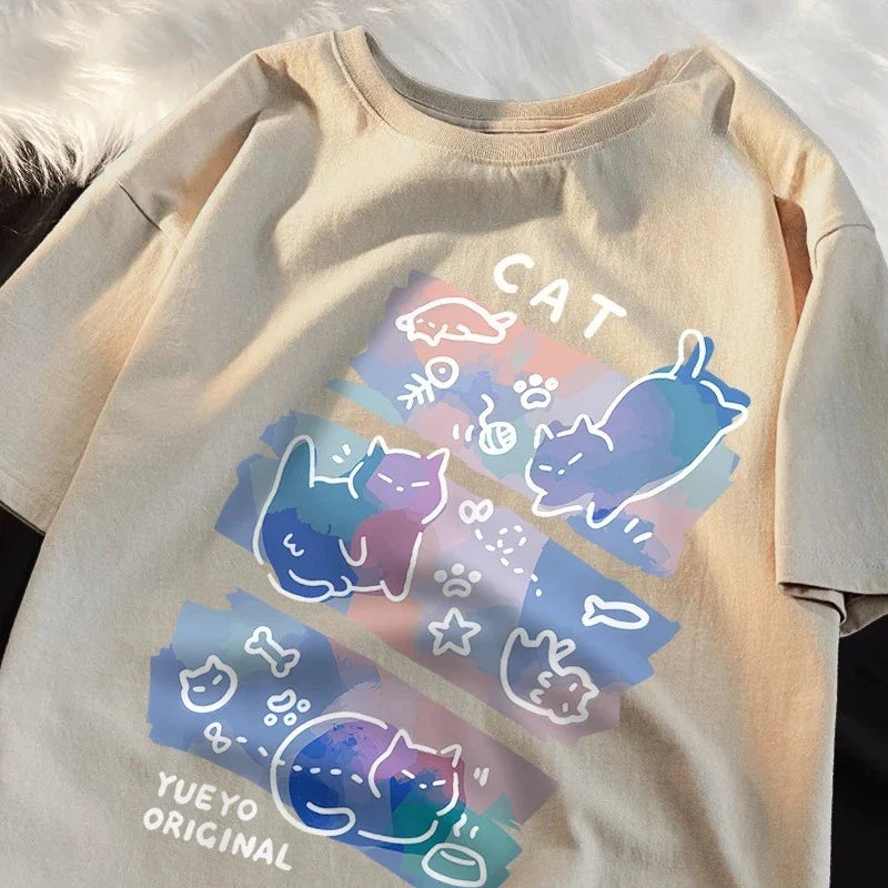 Funny Japanese Style Naughty Cat Print T-shirts for Women Summer Breathable Fashion T-shirts Cartoon Casual Tops Clothing