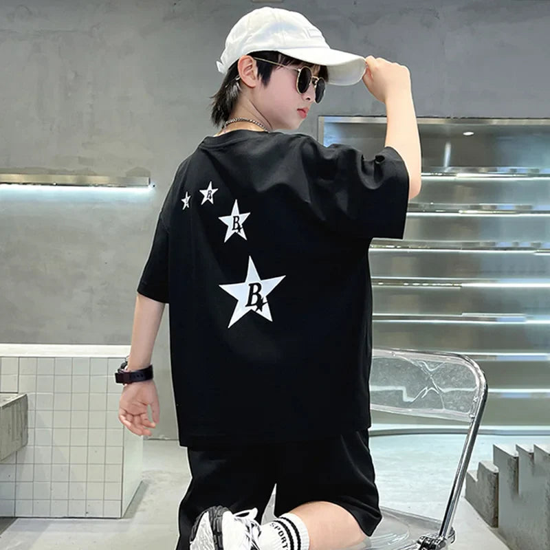 New Summer Teenager Boys Clothing Set Cotton Letter Short Sleeve T-shirt Shorts 2Pcs For 4-14 Years Kids Tracksuits Child Cloth