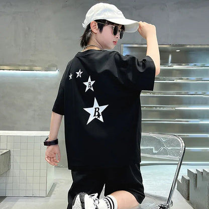 New Summer Teenager Boys Clothing Set Cotton Letter Short Sleeve T-shirt Shorts 2Pcs For 4-14 Years Kids Tracksuits Child Cloth