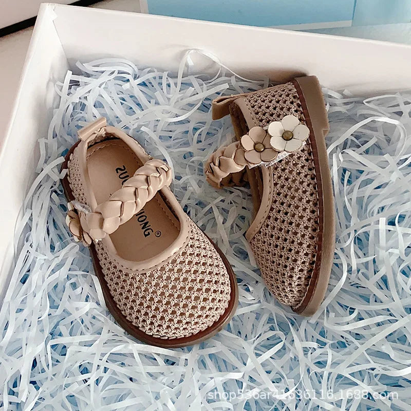 Girls Walking Shoes Lace Mesh Bows Kids Princess Shoes Non-slip Shiny Sequins 2025 New Children Flat Shoes Soft Sole Non-slip