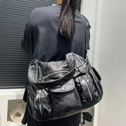 Women's Fashion Y2K Hot Girl Motorcycle Bag Old Lychee Pattern Multi-Pocket Shoulder Crossbody Bag