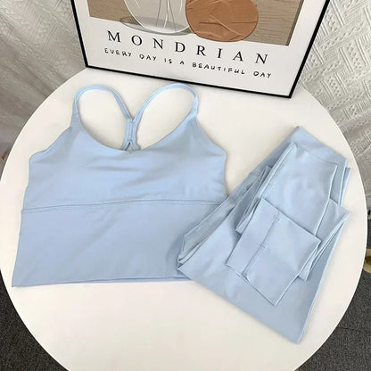 2 Piece Yoga Set Sportswear Fitness Suits Sexy Cross back Yoga Tops Elasticity High Waist Leggings Running Sports Clothing