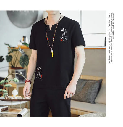 (Shirt + trousers) 2025 summer Chinese Style men shirt Cotton and linen shirts men's High quality casual shirts Two Piece M-5XL