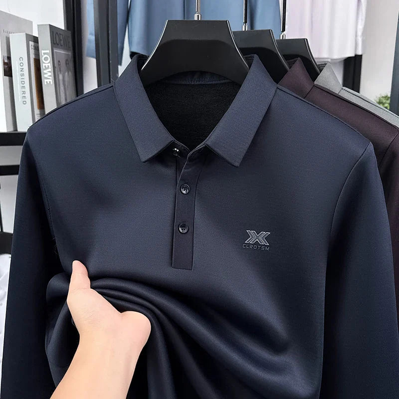 2025 Winter Men's Fashion New Collection with Velvet Long Sleeve T-shirt, Collar with Mulberry Silk and Wool Warmth POLO Sweater