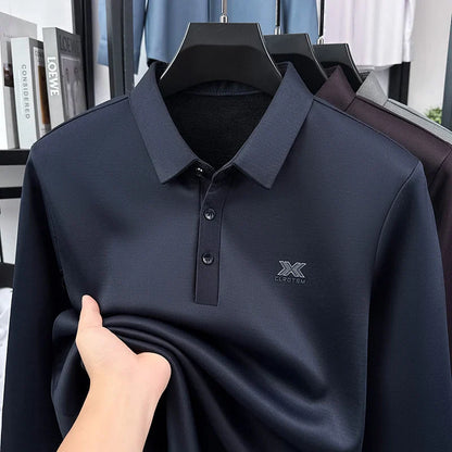 2025 Winter Men's Fashion New Collection with Velvet Long Sleeve T-shirt, Collar with Mulberry Silk and Wool Warmth POLO Sweater