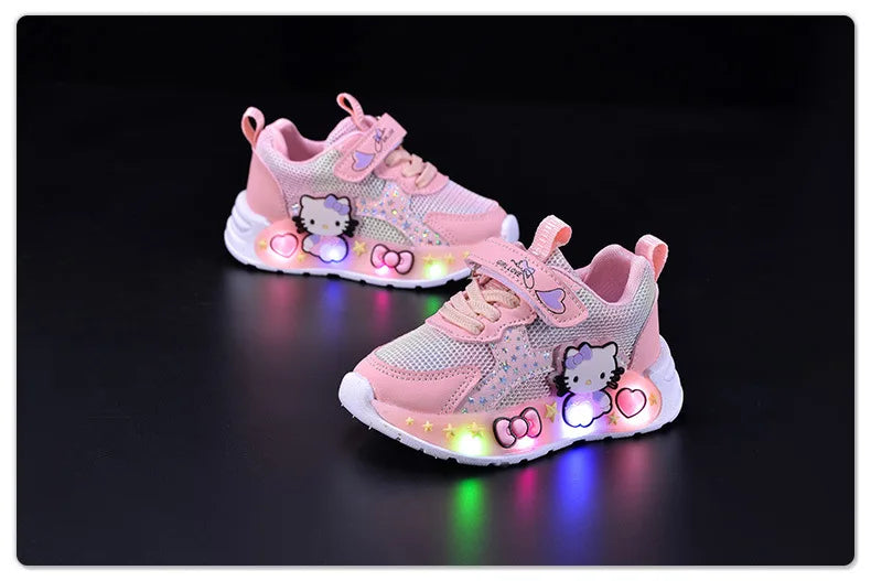 Kids'Casual Shoes Girls Led Light Cartoon PU Leather Fashion Sport Flat Bottom Shoes Breathable White Pink Size 21-30