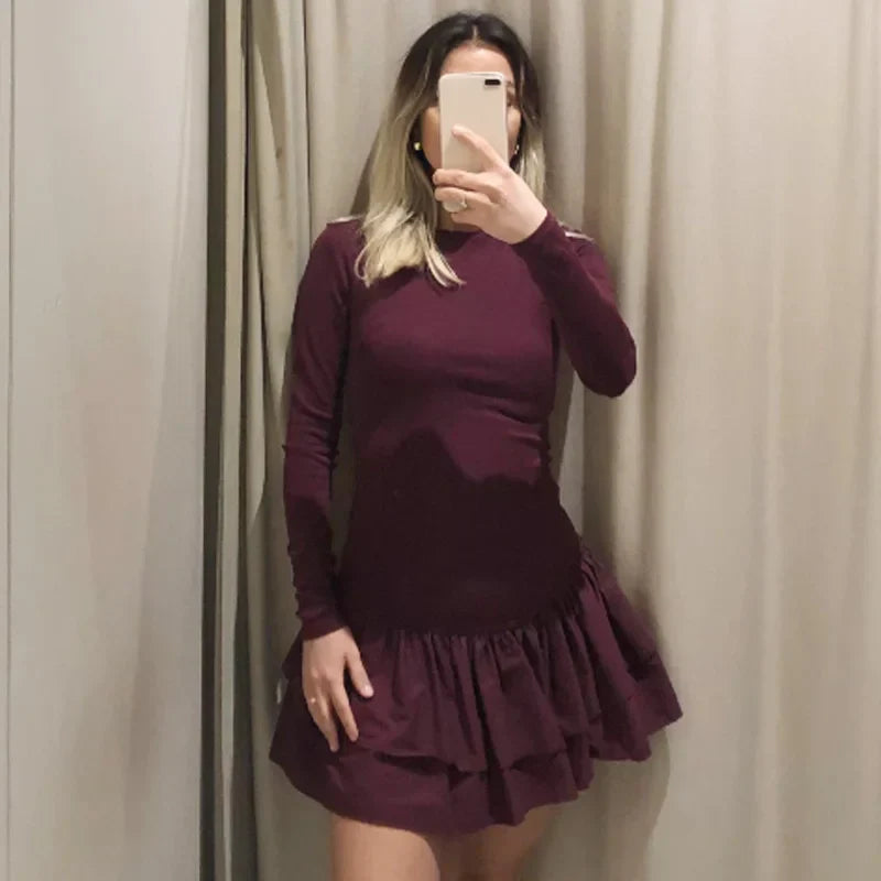 Womens Dresses Ruffled Corset Dress Summer 2025 Red Brown Black Dress O-Neck Long Sleeve Dresses Layered Party Vestidos 066