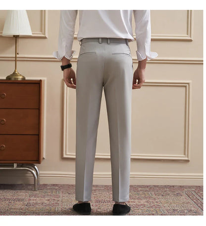High Quality Men's Business Casual Slim-Fitting Suit Pants, Classic Solid Color Straight Work Trousers