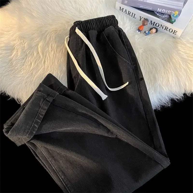 Loose Fit High Waist Elastic Waistband Summer Thin Denim Jeans Women Straight Leg Nine-Tenths Length Trendy American Street Styl