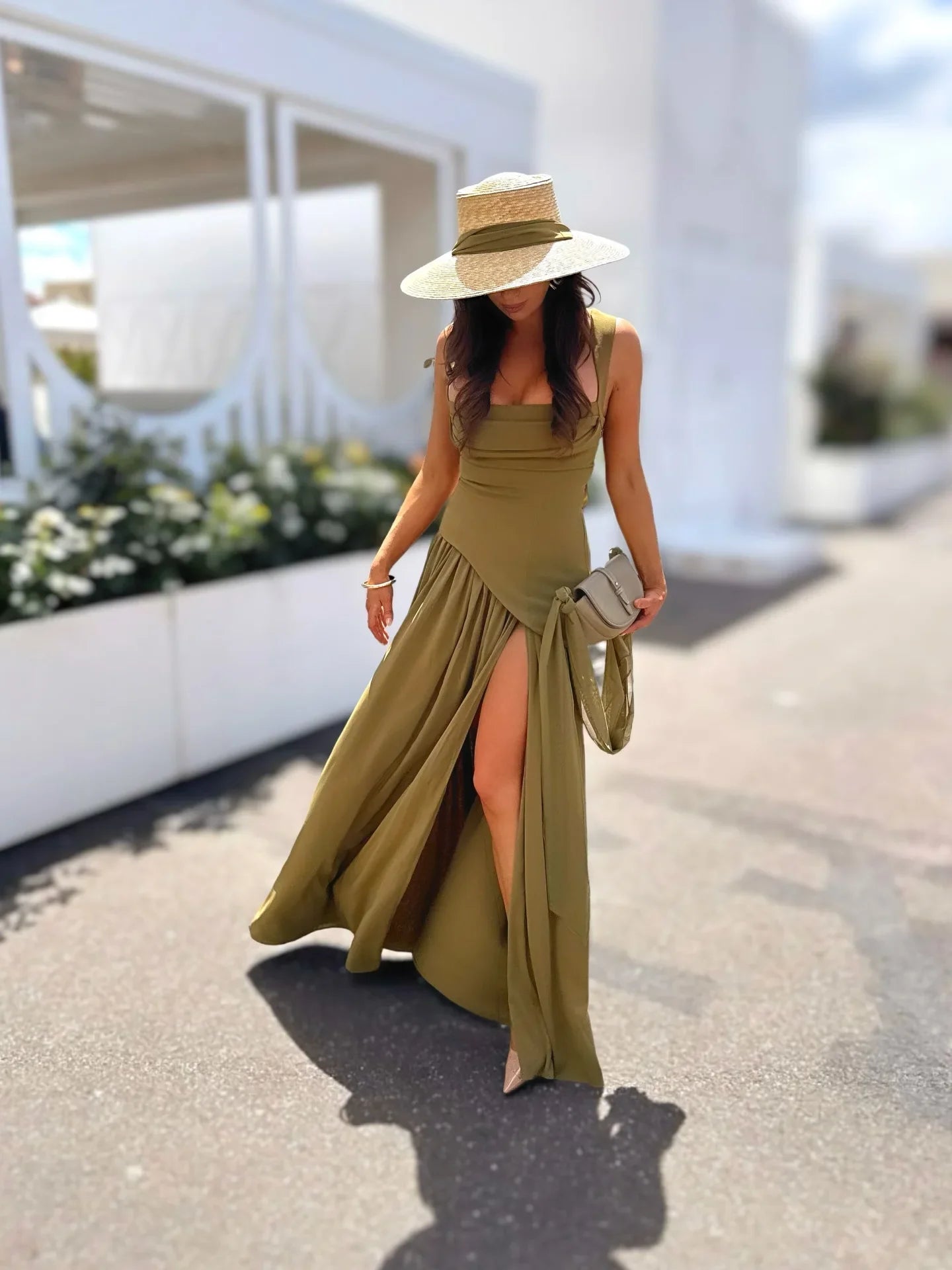 Summer Elegant Olive Green Maxi Dress for Women Flowy Long Dress with Scarf Birthday Party Beach Graduation dress