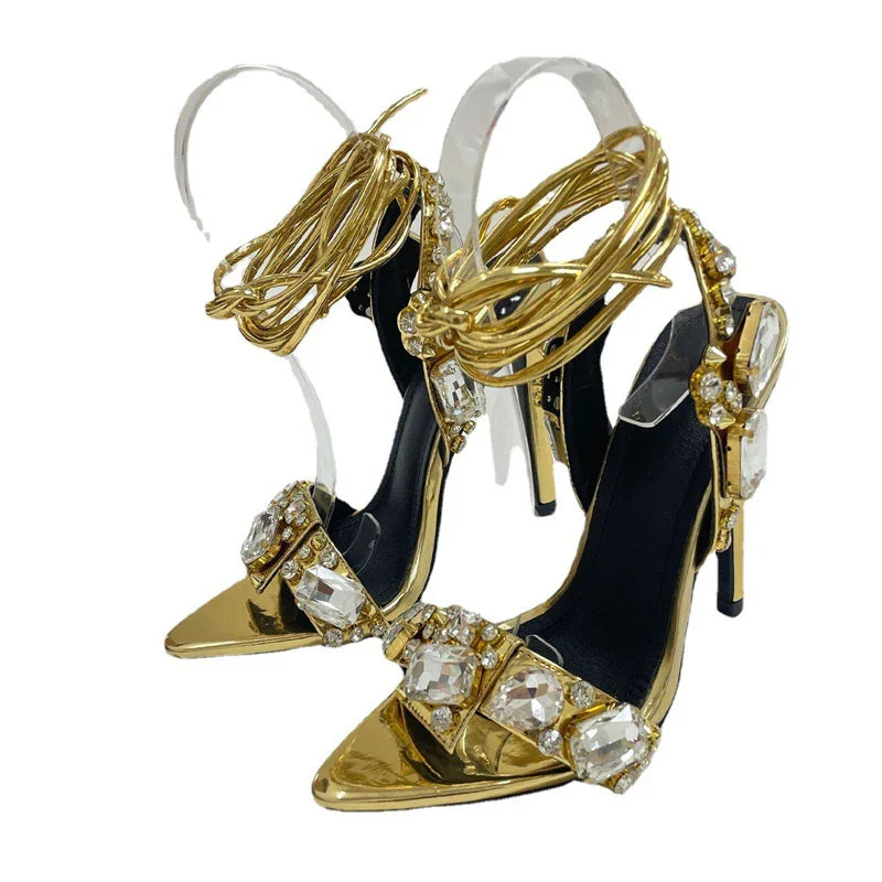Sexy Gold Sandals Women Crystal Diamond Party Nightclub Stripper Pumps Stiletto High Heels Pointed Toe Banquet Wedding Shoes