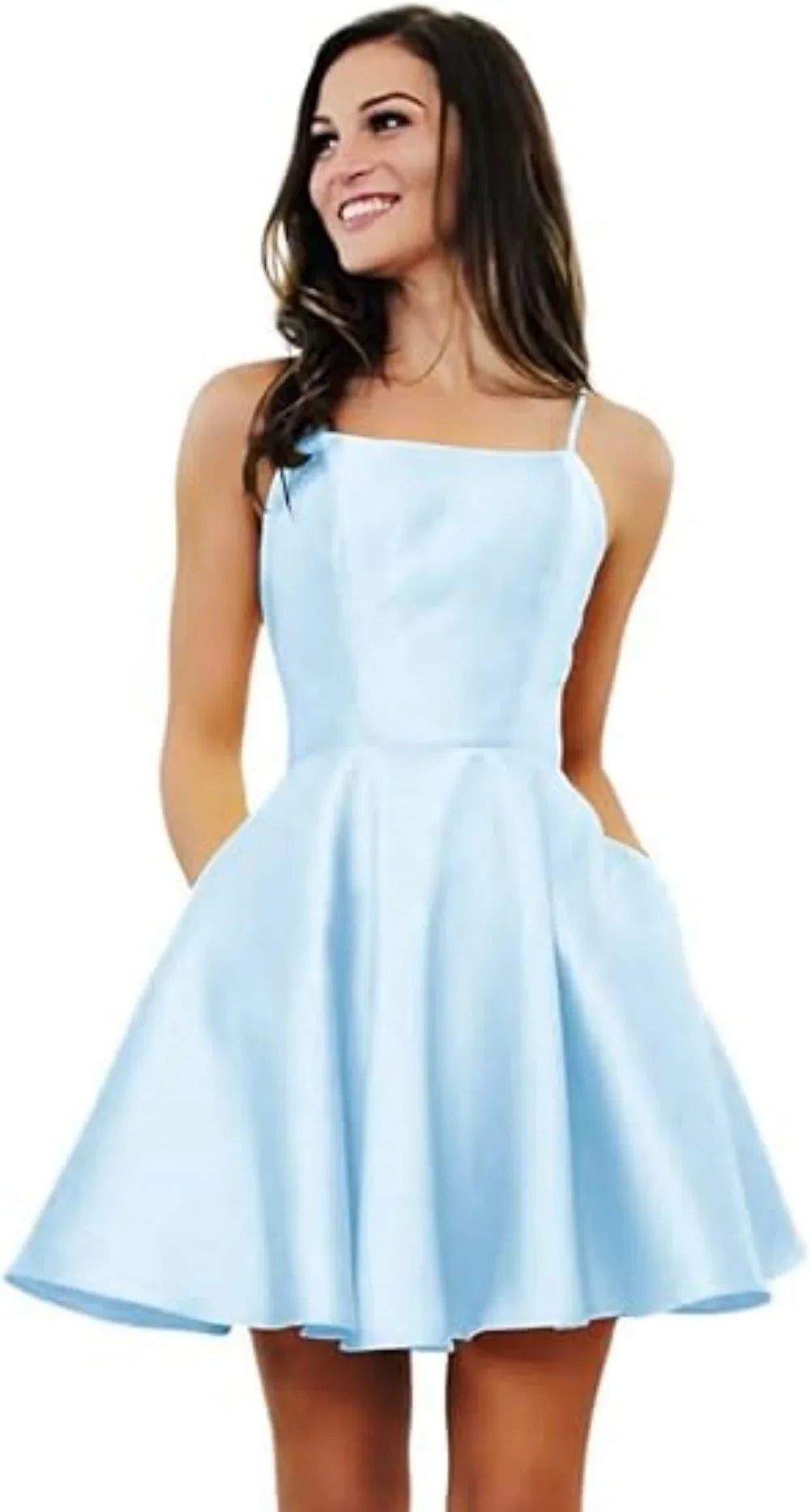 Short Homecoming Dresses for Teens With Pockets Spaghetti Straps Satin Prom Dress for Women A-line Knee Length Party Dress