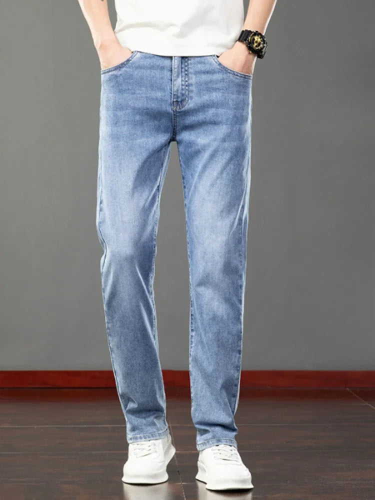 2026 Summer Men's Jeans Slim Fit Jeans Thin Stretch Straight Light Business Casual Denim Long Pants Male Classic Style Brand