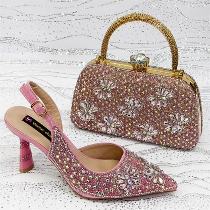 Women's Purple High Heel Party Shoes & Rhinestone Handbag Set - Italian Design for Weddings & Special Occasions
