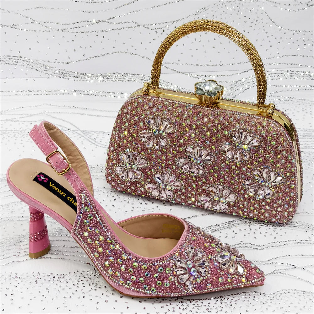 Gold Pointed Toe Rhinestone Heels & Bag Set, Sparkly Slingback Shoes for Women Wedding Party Evening Prom