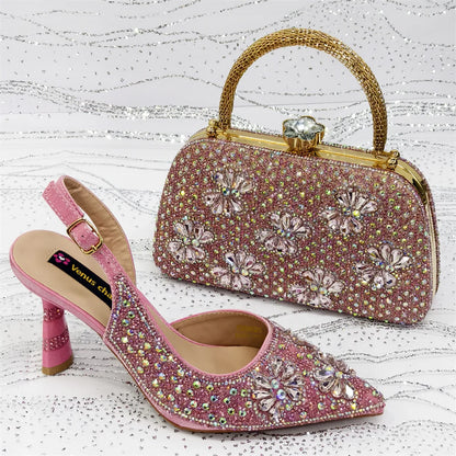 Gold Pointed Toe Rhinestone Heels & Bag Set, Sparkly Slingback Shoes for Women Wedding Party Evening Prom